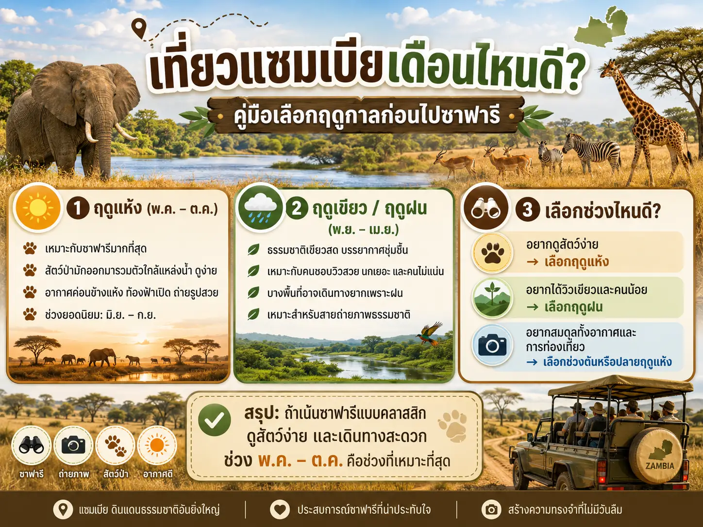 เที่ยวแซมเบียเดือนไหนดี? คู่มือเลือกฤดูกาลก่อนไปซาฟารี